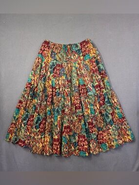 Vintage Y2K Boho Patchwork Pleated Midi Skirt, Ruffle Tiered 100% Cotton, 1X